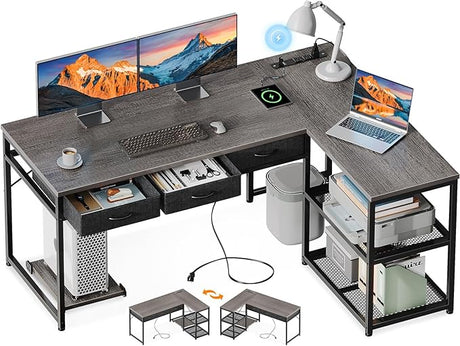 53 Inch L Shaped Computer Desk with Drawers, Corner Desk with Power Outlets & Reversible Storage Shelves