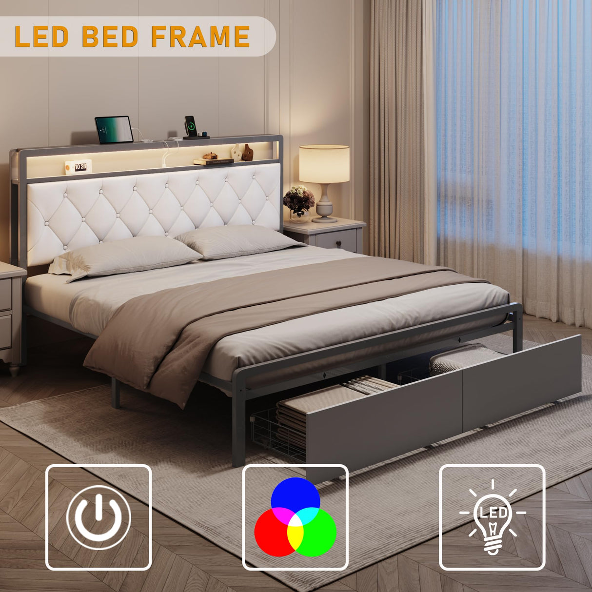 LuxoraGlow Upholstered Bed Frame with LED Headboard, Storage Drawers & USB Charging