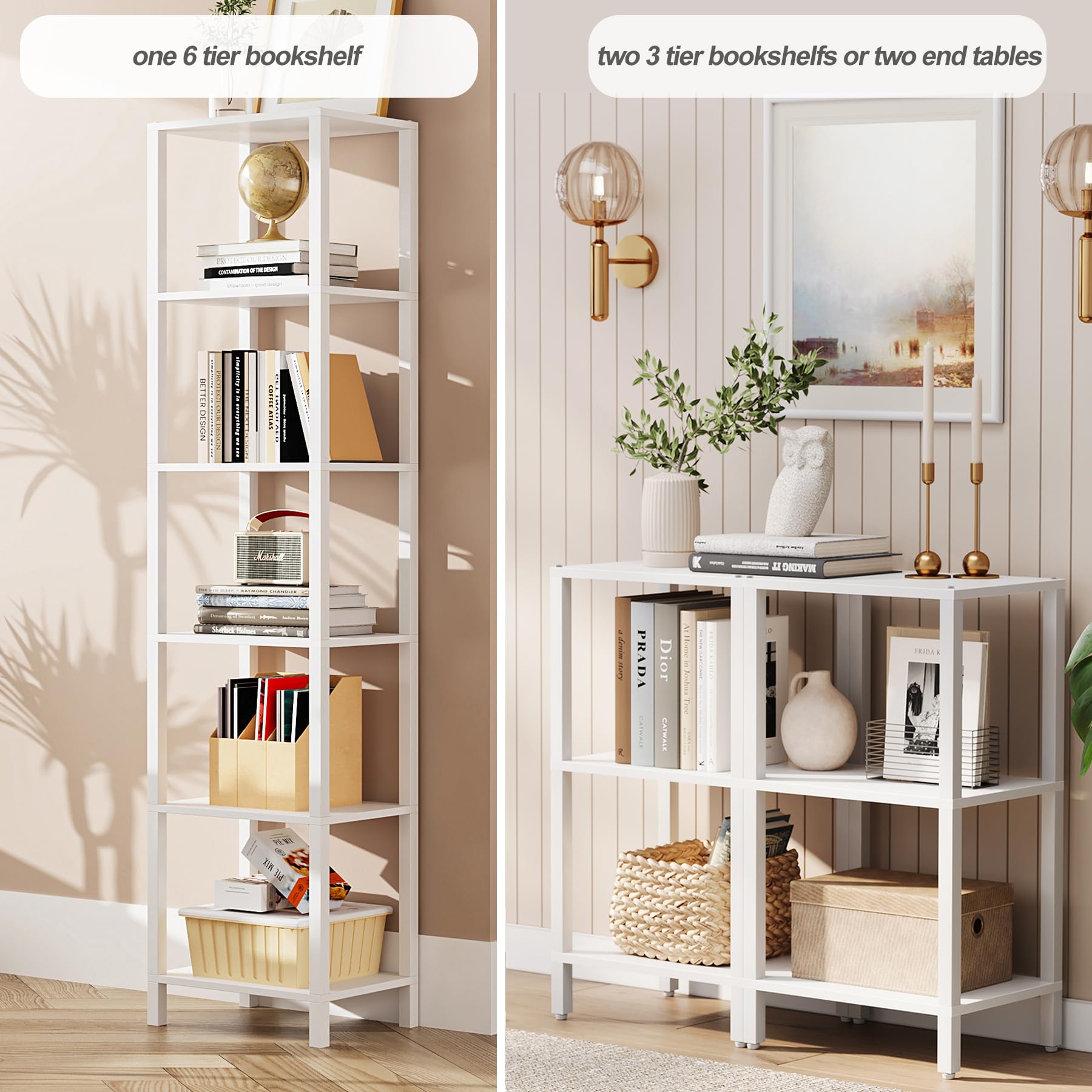 Bookshelf, 6-Tier Tall Book Shelf, Narrow Bookcase for Small Space, DIY Stackable Bookshelf, for Living Room, Office, Study, Entryway, Industrial, White BS01BW006