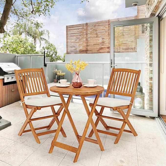 3 Pieces Patio Bistro Set, Acacia Wood Folding Bistro Set with Round Coffee