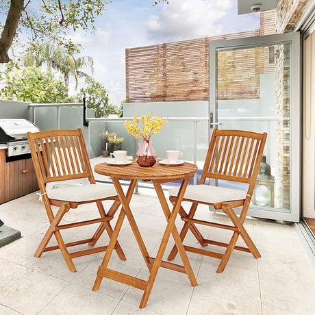 3 Pieces Patio Bistro Set, Acacia Wood Folding Bistro Set with Round Coffee