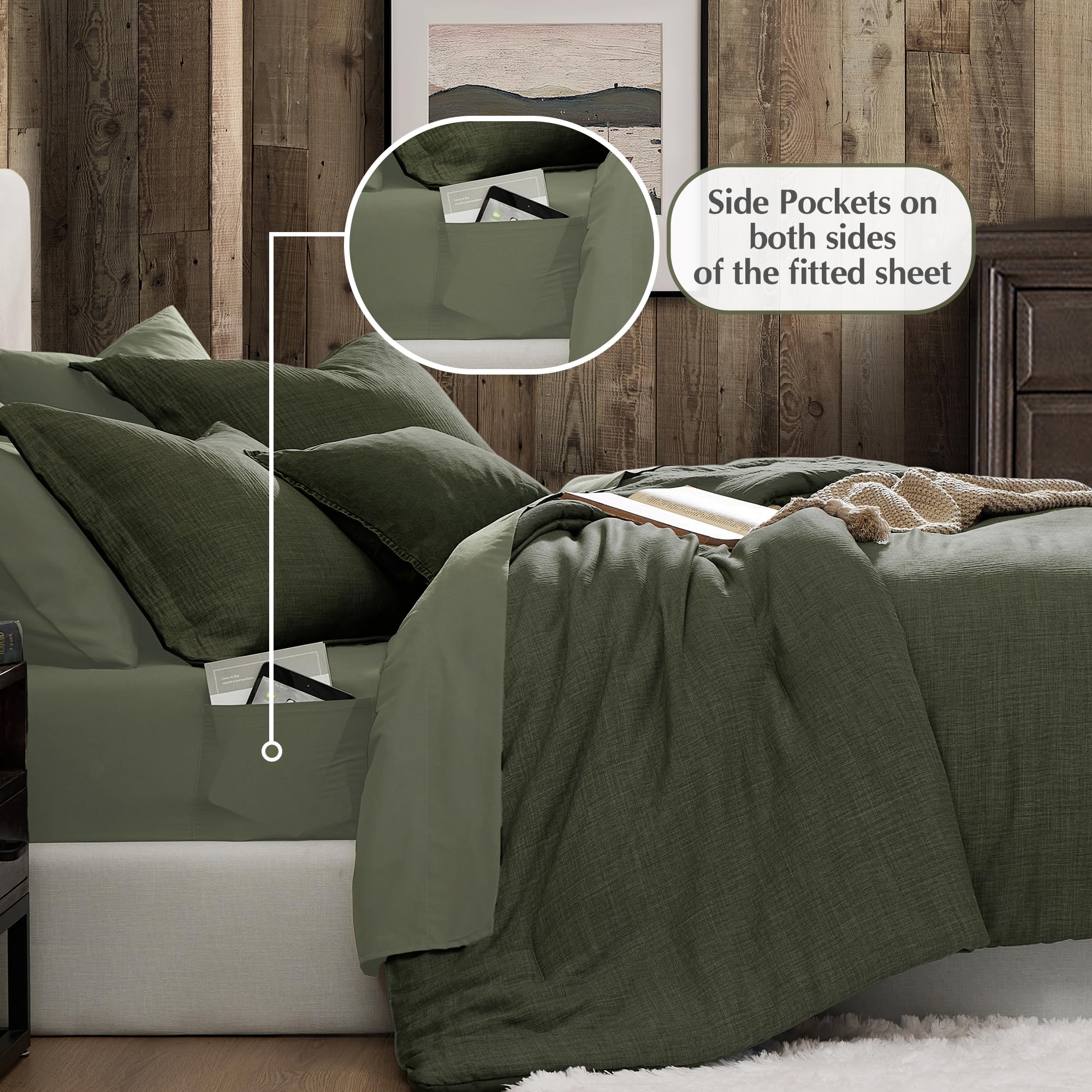 Geniospin 7-Piece Queen Comforter Set - Solid Bedding with Sheets and Shams for All Seasons (Dark Green)