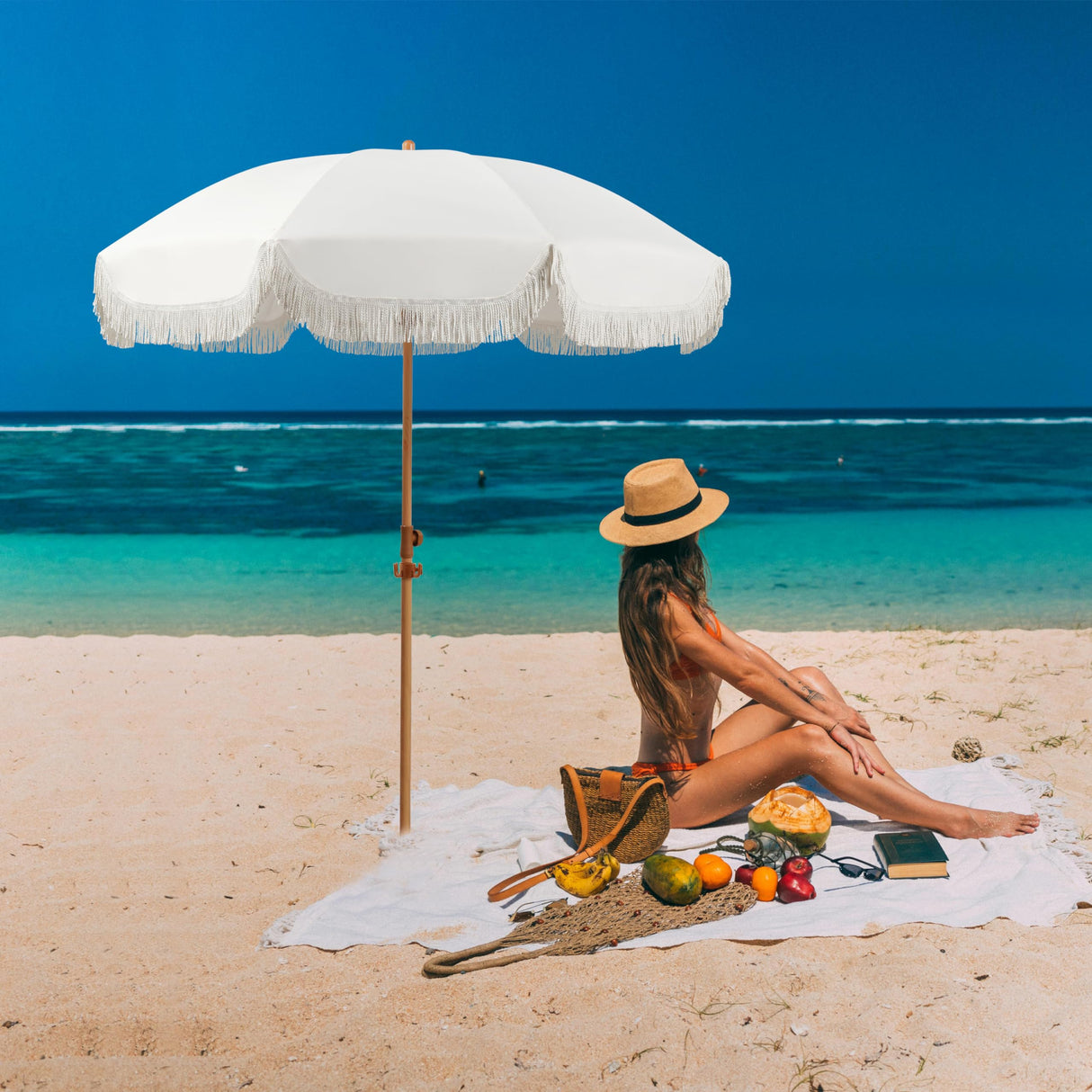 6.5ft Patio Umbrella with Fringe, Beach Umbrella, Fringe Umbrella Outdoor Patio