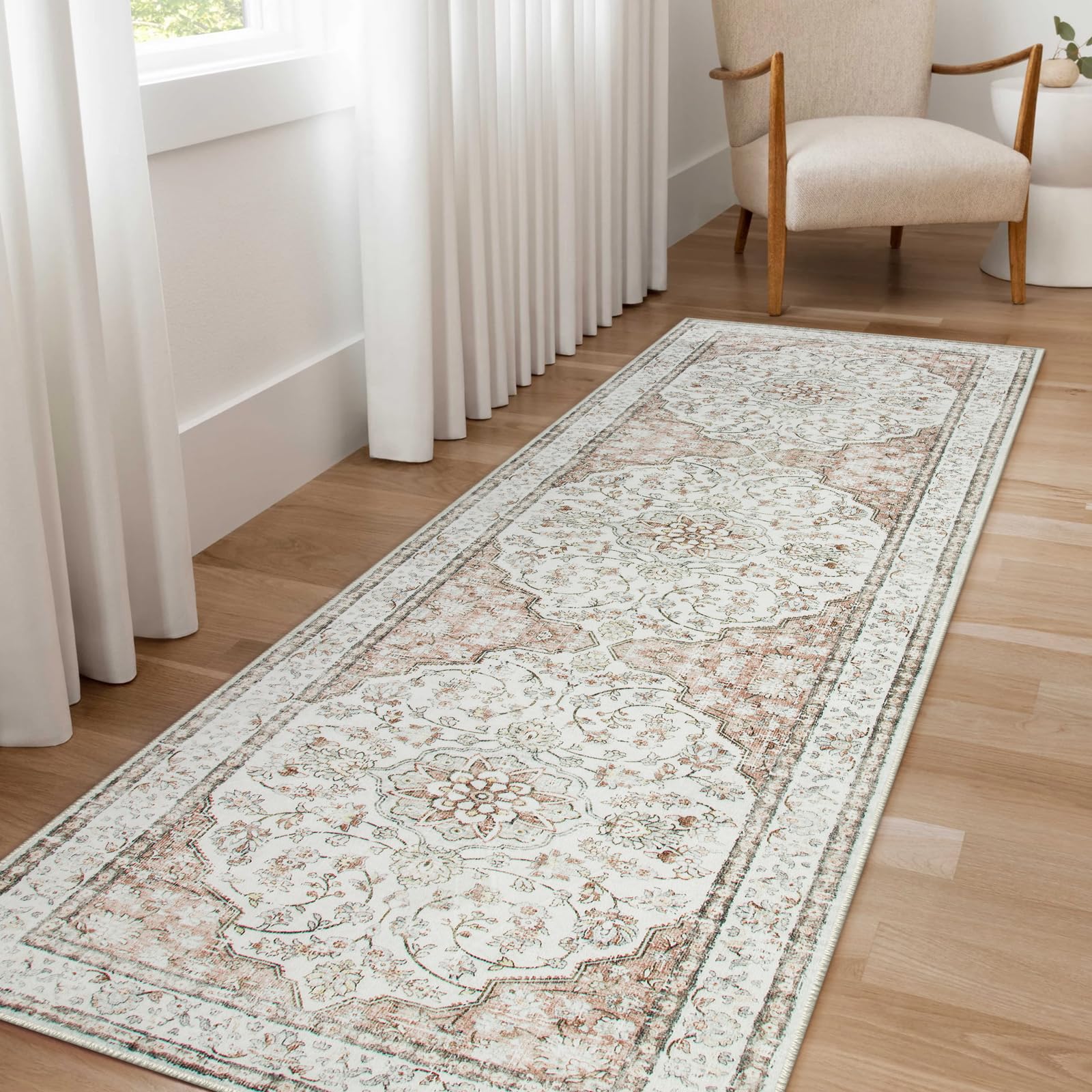Lahome Boho Runner Rug,2.5x8 Non-Slip Hallway Carpet Runner with Rubber Backing,Terracotta Kitchen Runner Rugs Non Skid Washable,Oriental Vintage Thin Runner for Entryway Bathroom,(8ft,Terracotta)