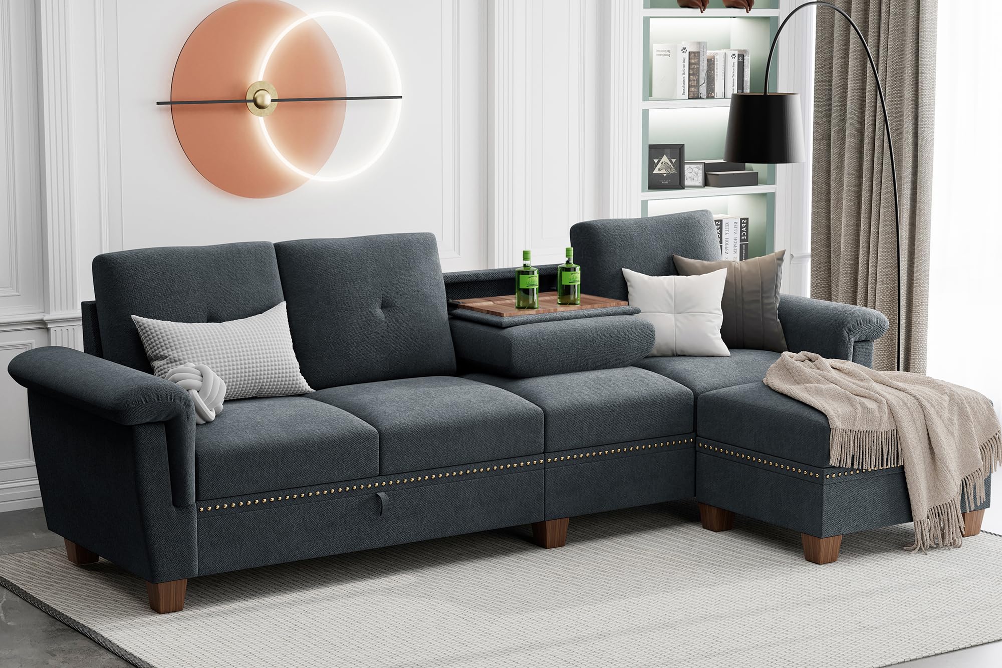 Jamfly 107" Convertible L-Shaped Sectional Sofa with Storage & Cup Holders