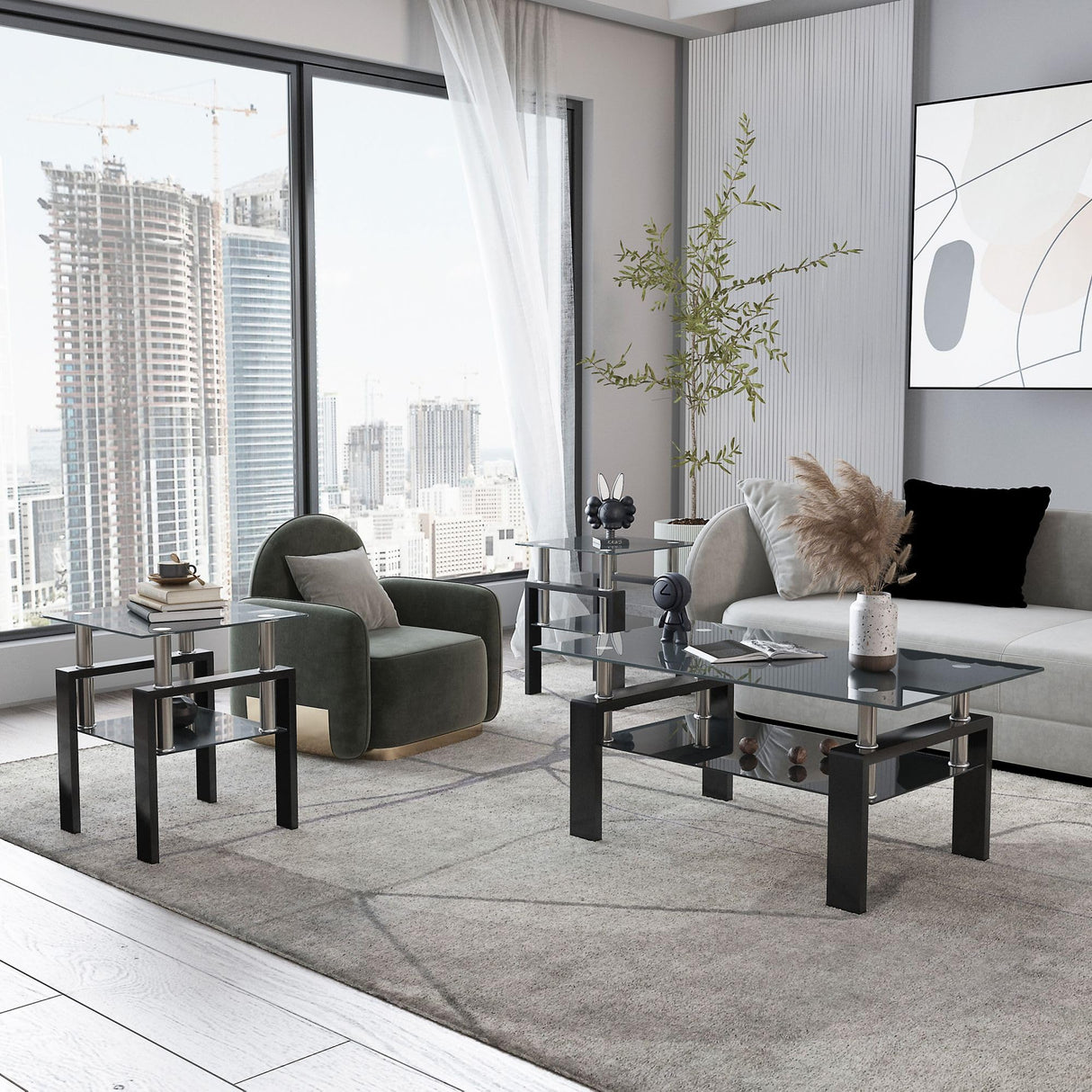 Modern Tempered Glass Coffee Table Set - 1/2/3 Piece Living Room Table Set - Sleek Design