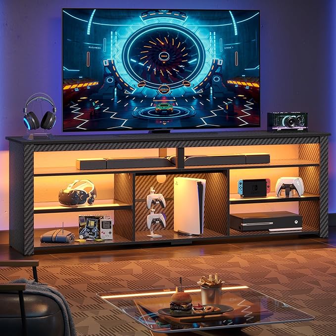 LED Tall Entertainment Center, 55/60/65 inch TV Stand with Storage for PS5 Xbox