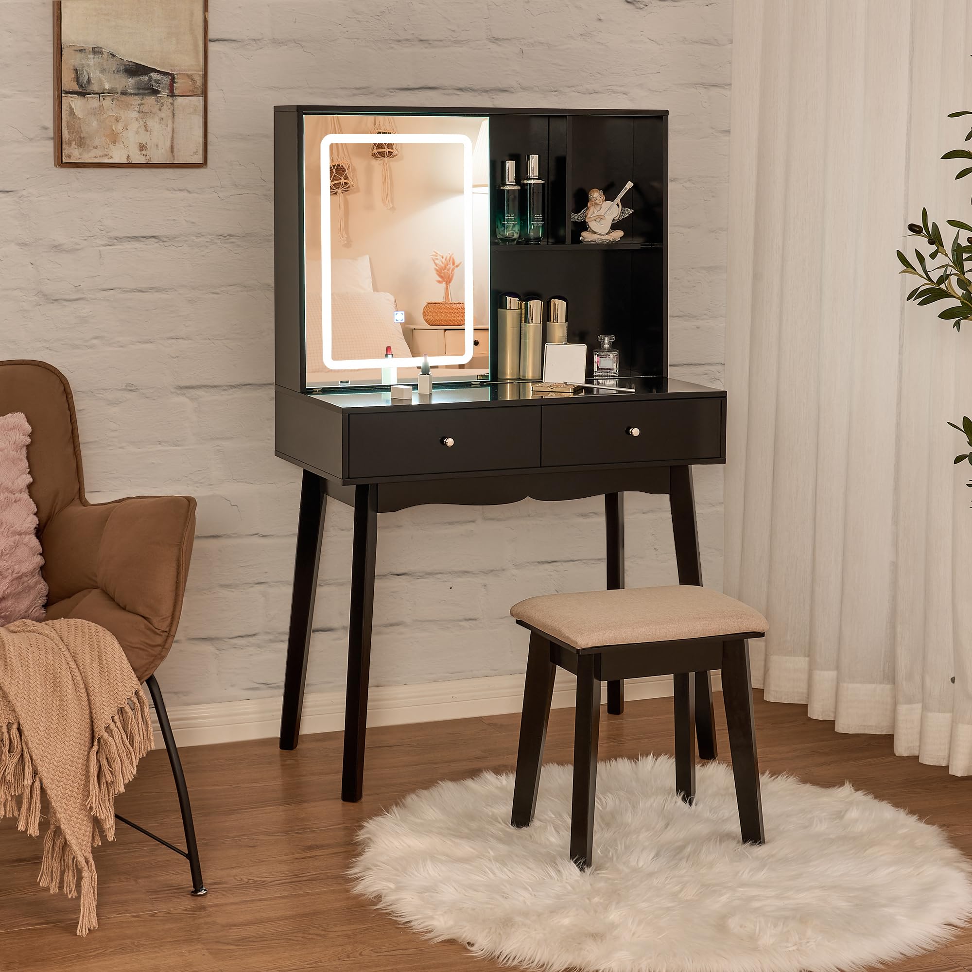 Vanity Desk with Mirror and Lights,Makeup Vanity Black Vanity Set Makeup Desk with 3