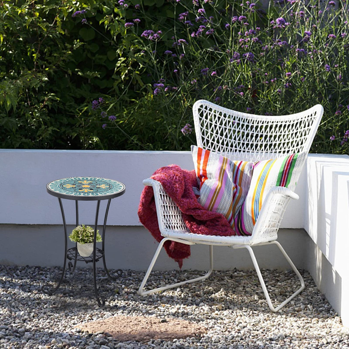 Outdoor Side Table Mosaic Patio Table Accent Tables Mosaic Tile Top Metal Frame Small