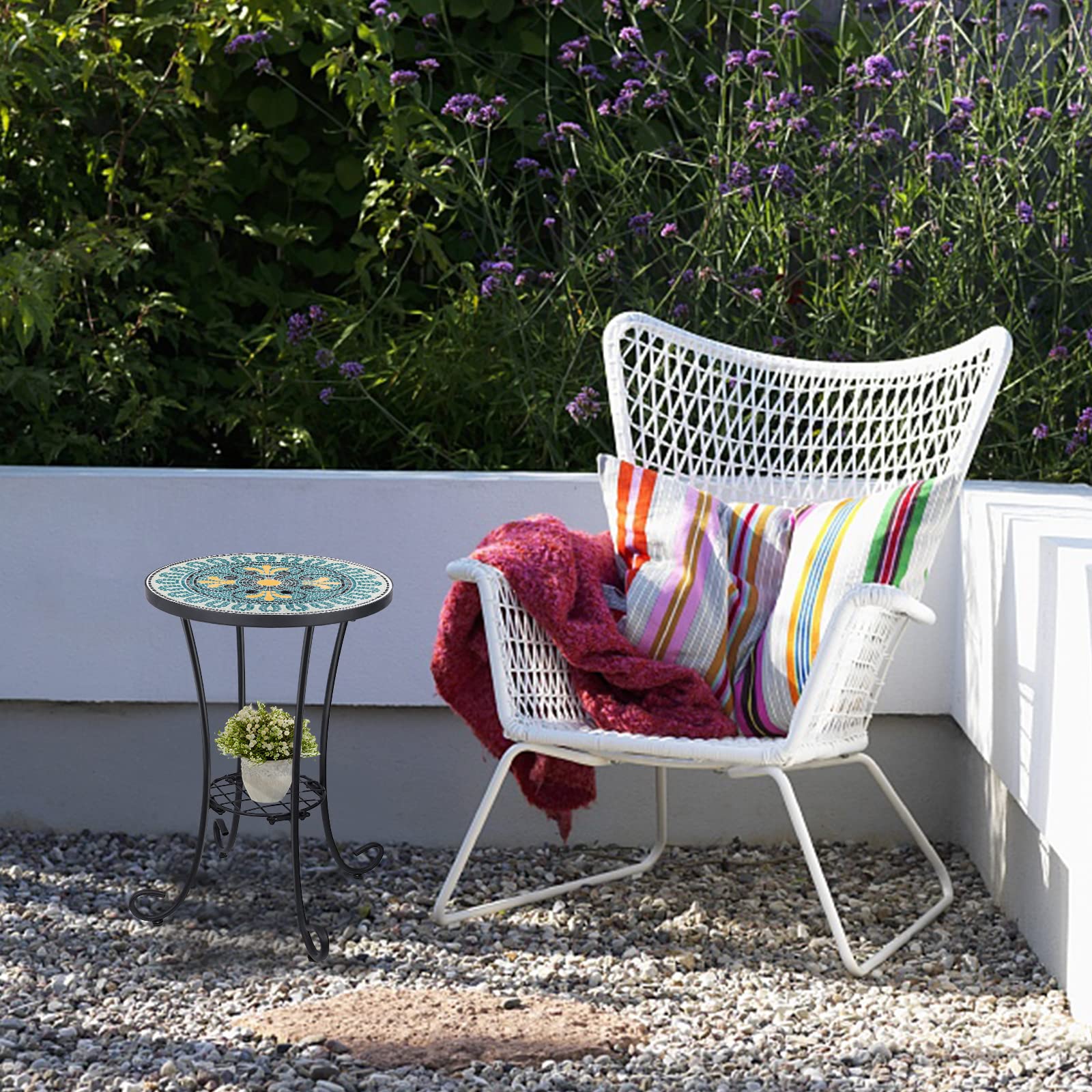 Outdoor Side Table Mosaic Patio Table Accent Tables Mosaic Tile Top Metal Frame Small
