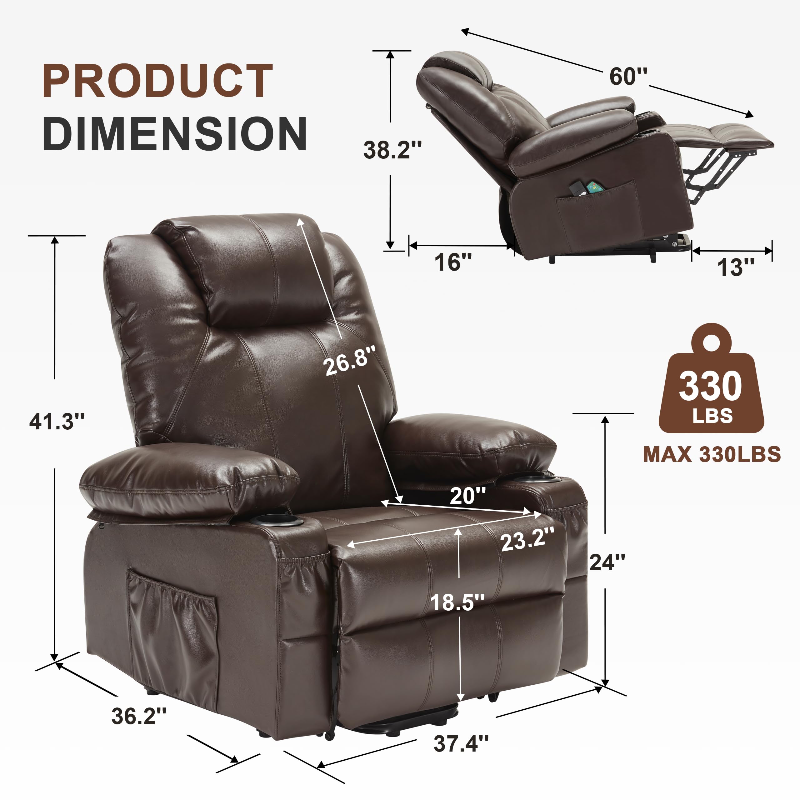 Oversized Power Lift Recliner Chair with Heat and Massage, Leather Power