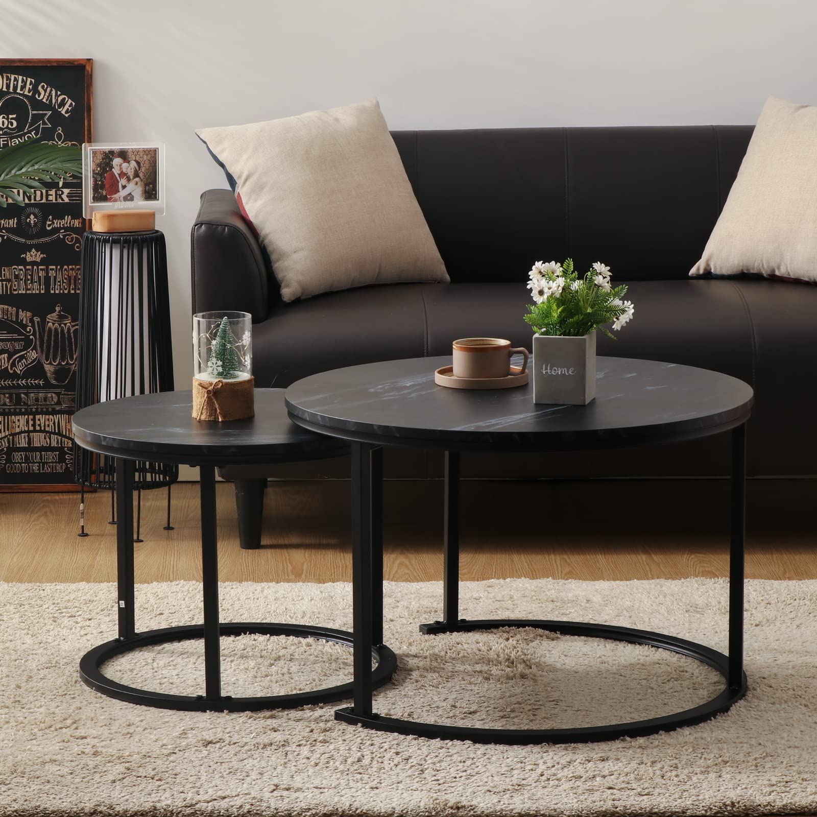 Round Nesting Coffee Table 27" Wood and Metal Stacking Coffee Tables
