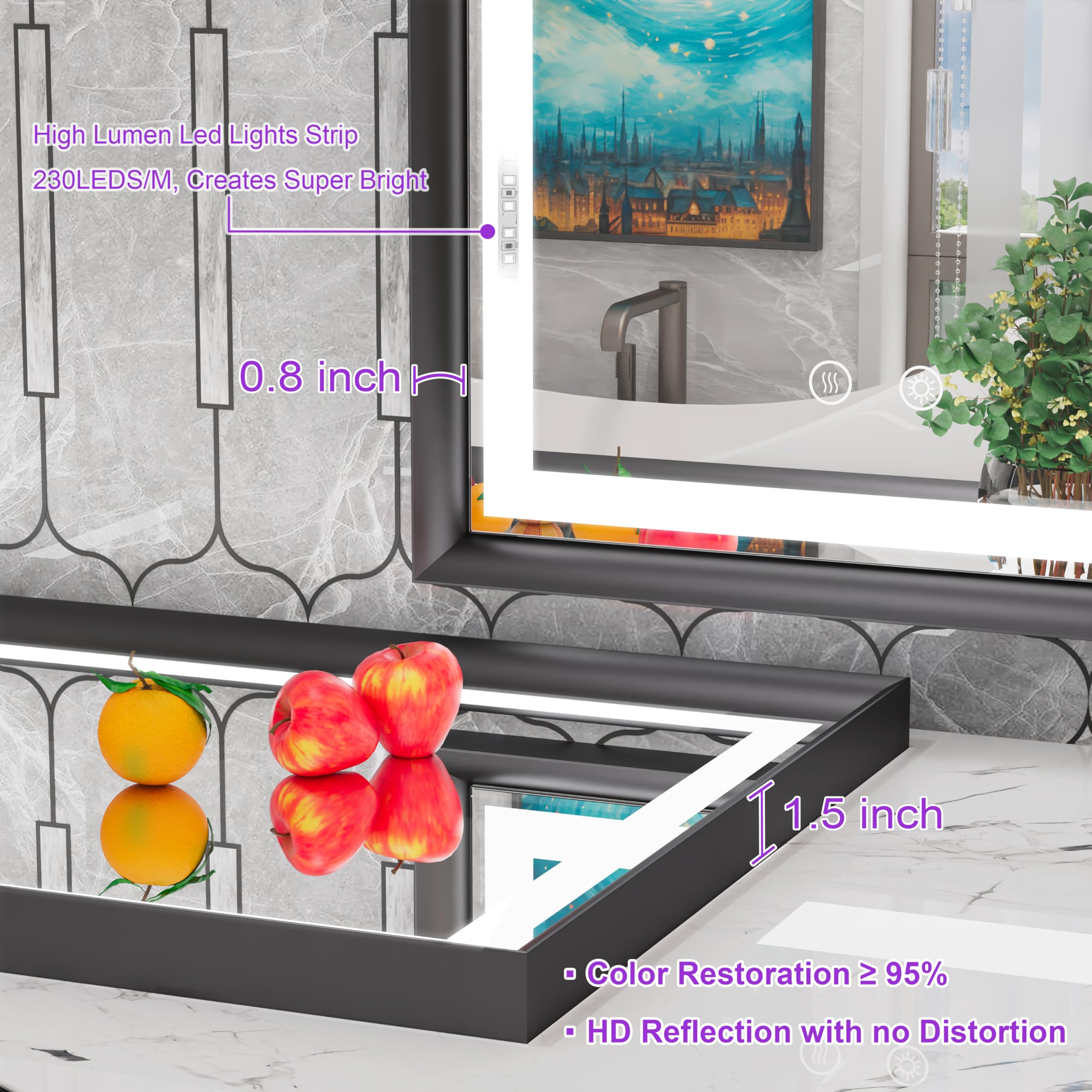 32x32 Black Frame Mirror,Square Mirrors for Bathroom,Framed LED Mirror,Dimmable LED