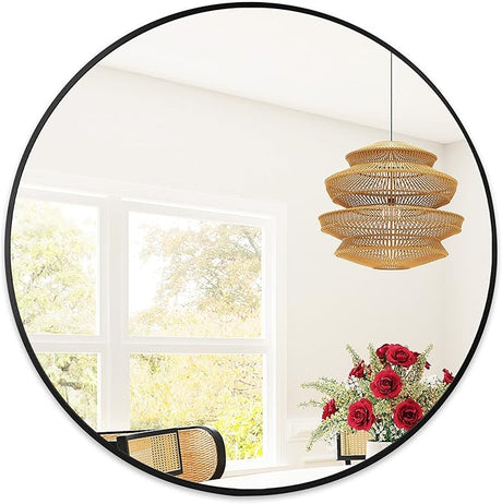 36 Black Round Mirror, Aluminum Framed Circle Wall Mounted Mirror, Circular Vanity Mirror,