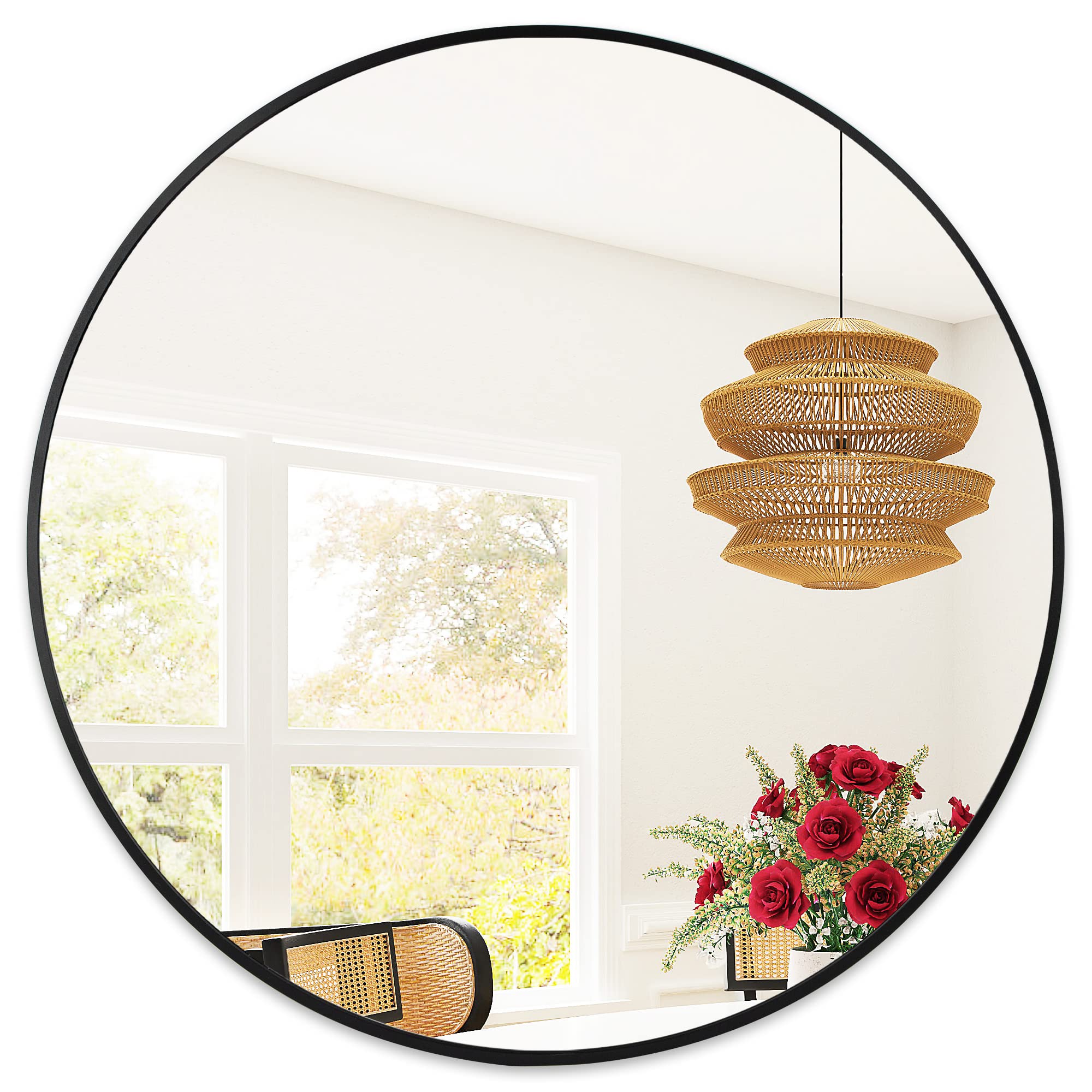 36 Black Round Mirror, Aluminum Framed Circle Wall Mounted Mirror, Circular Vanity Mirror,