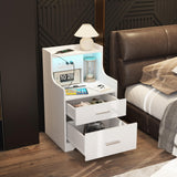 Nightstand with Charging Station & LED Lights, White Nightstand with 2 Drawers and Open Storage