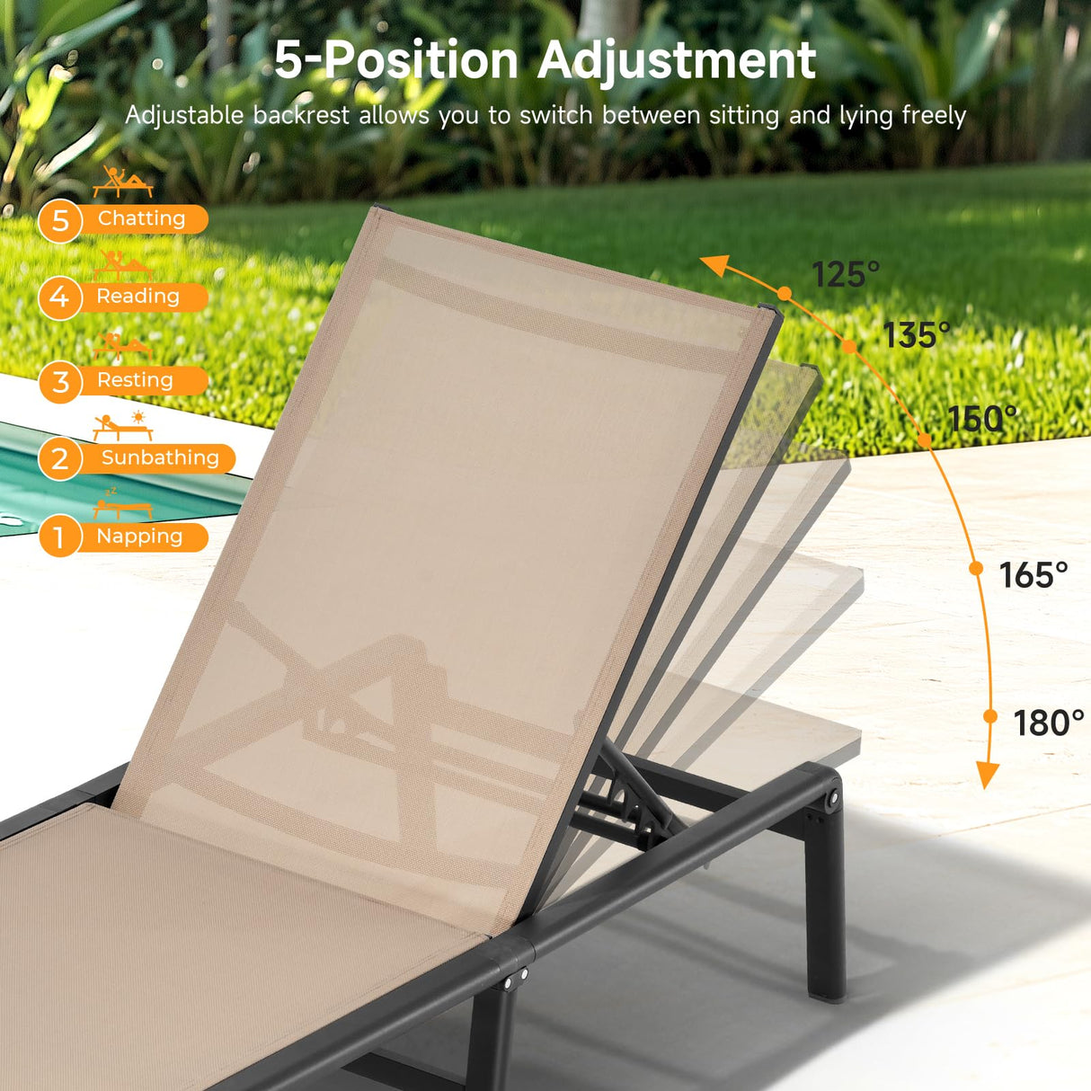 ONBRILL Aluminum Chaise Lounge Chair Outdoor, Foldable & Assembly Free Outdoor Lounge Chair with 5 Position Adjustable Backrest, Patio Pool Lounge Chairs for Outside Poolside Beach Lawn, 1PC, Khaki