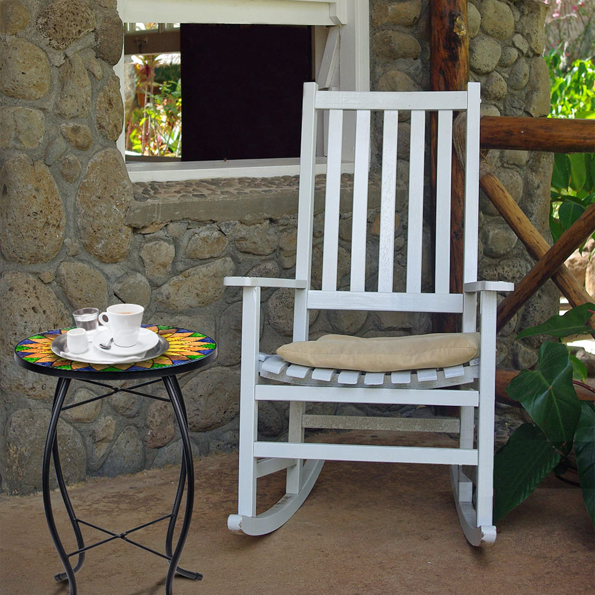 Sunflower Outdoor Side Table, Mosaic Design, Small Glass Top, Round, Patio Side Table