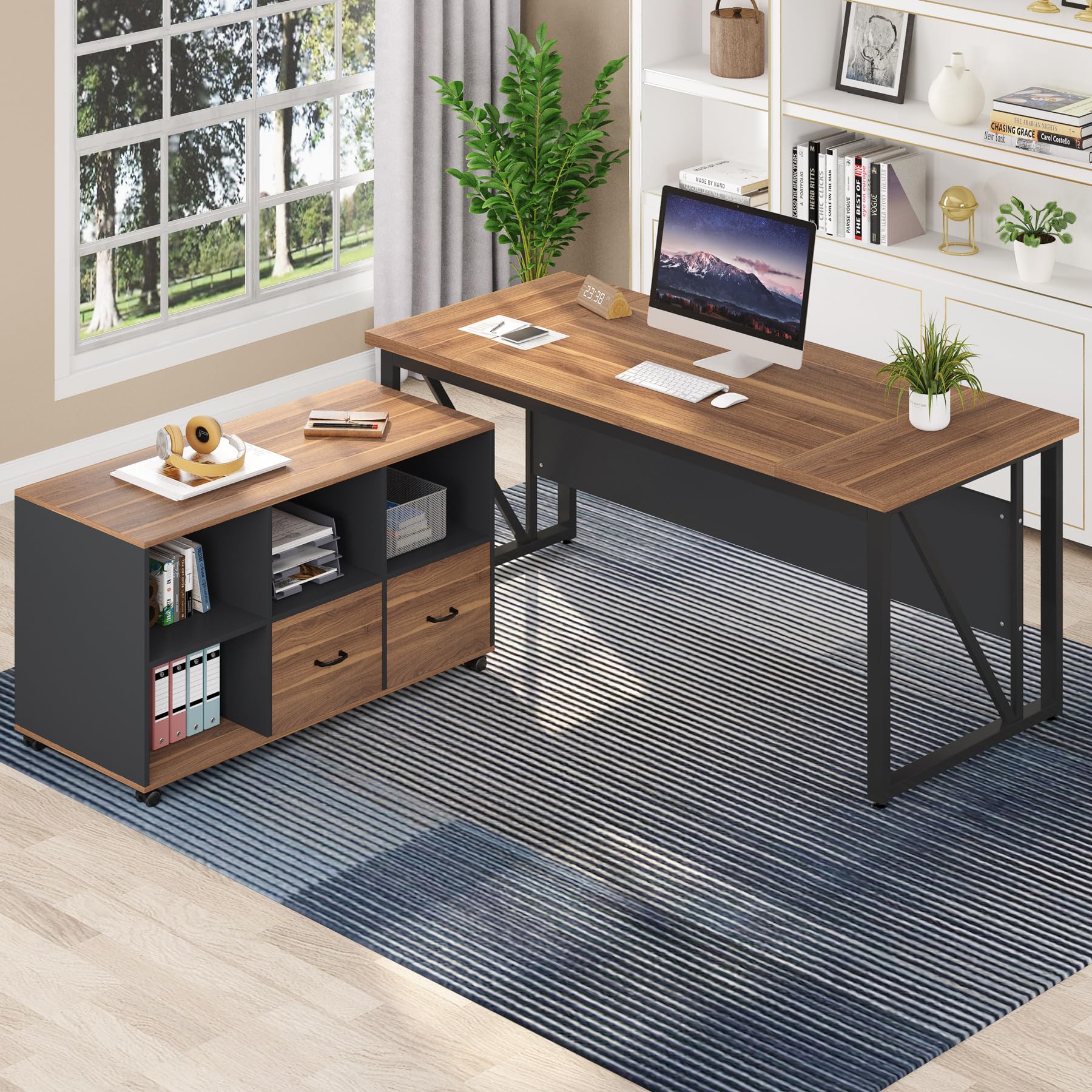 63 inches Executive Desk and 47" lateral File Cabinet, L-Shaped Computer Desk