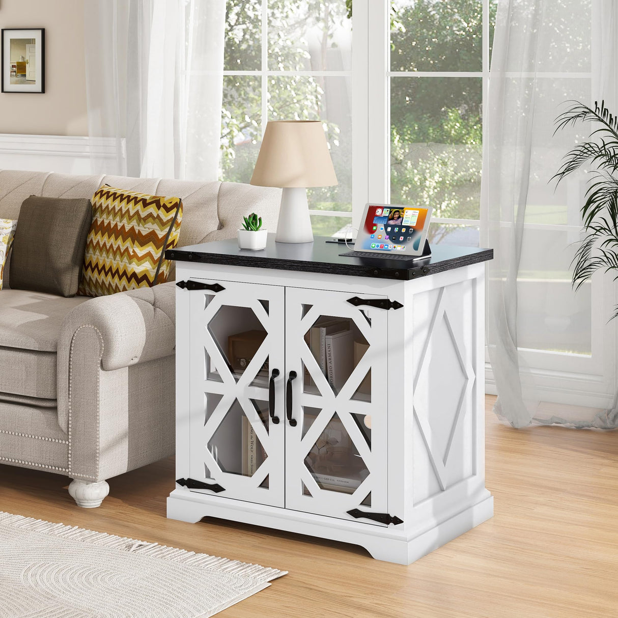 Farmhouse End Table, 24" Side Table with Charging Station, Night Stand