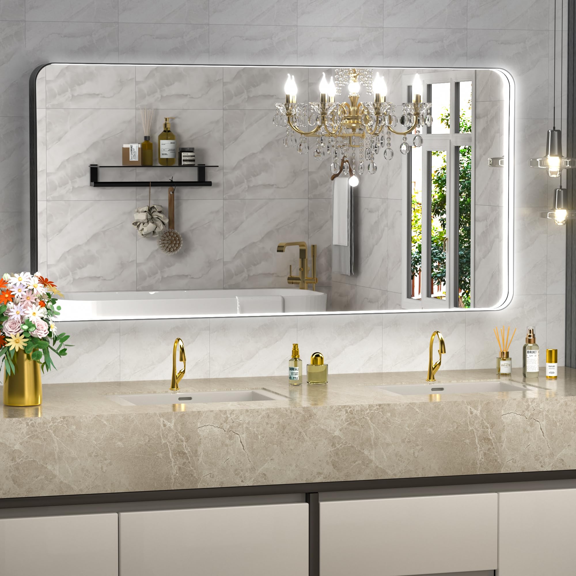 LED Bathroom Mirror with Lights, Rounded Rectangle Black Frame Embedded