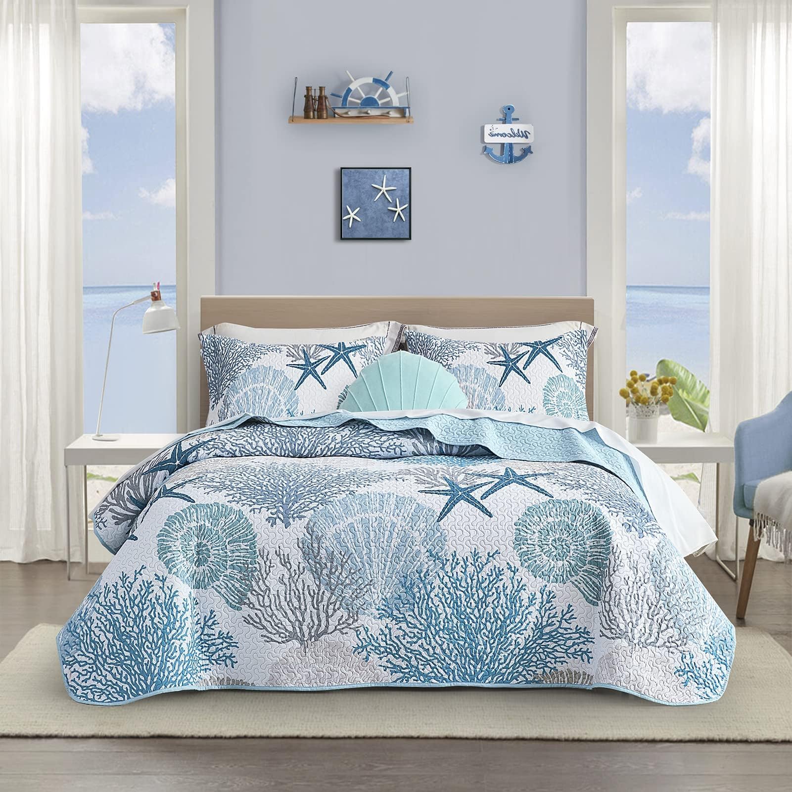 3 Piece Coastal Quilt Sets King Size - Reversible Microfiber Quilts with 2 Shams Soft