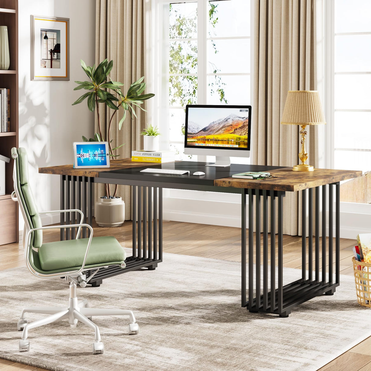 70.9" Executive Desk, Industrial Office Desk, Wood Computer Desk with Black Metal Legs