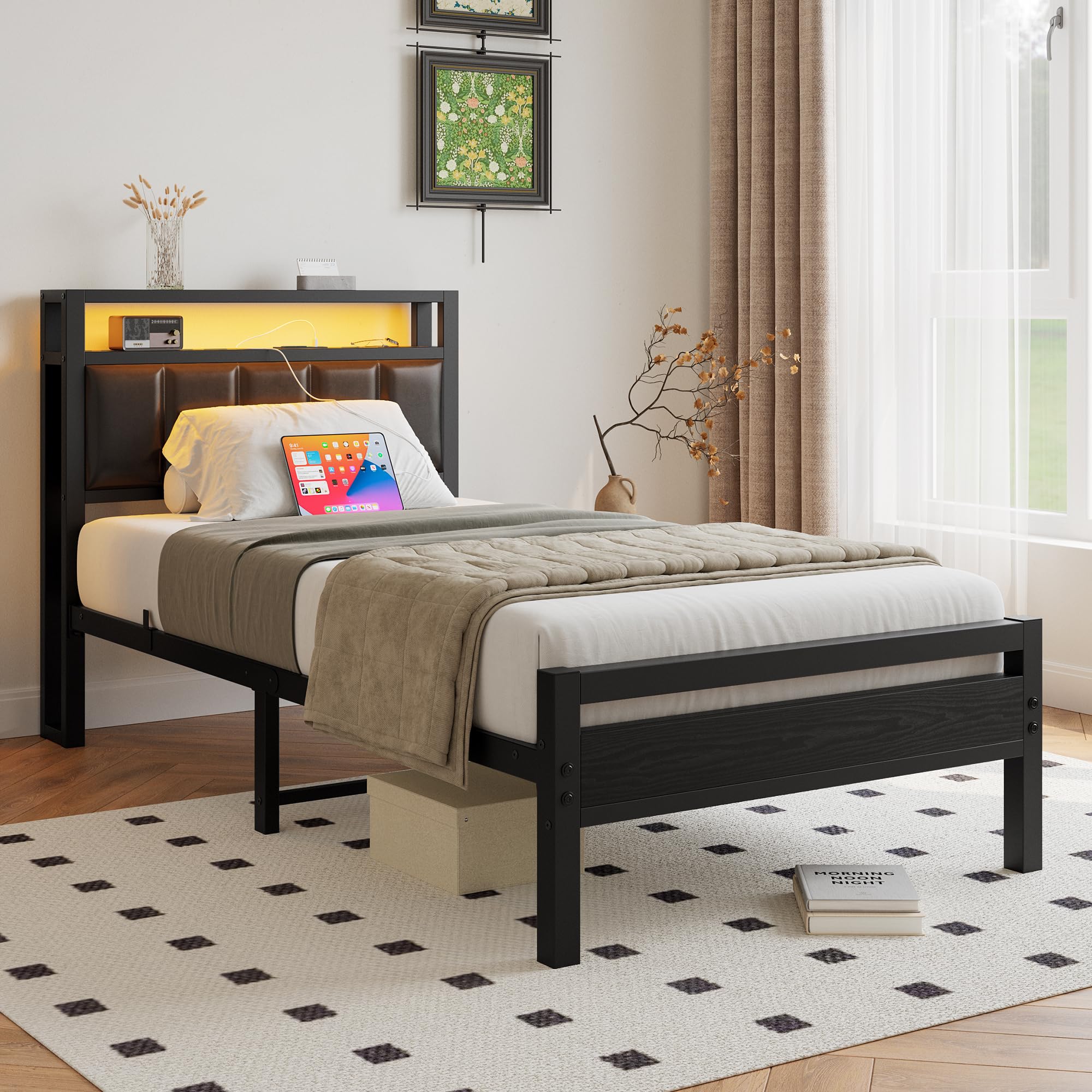 Twin Bed Frame with Charging Station & LED Lights