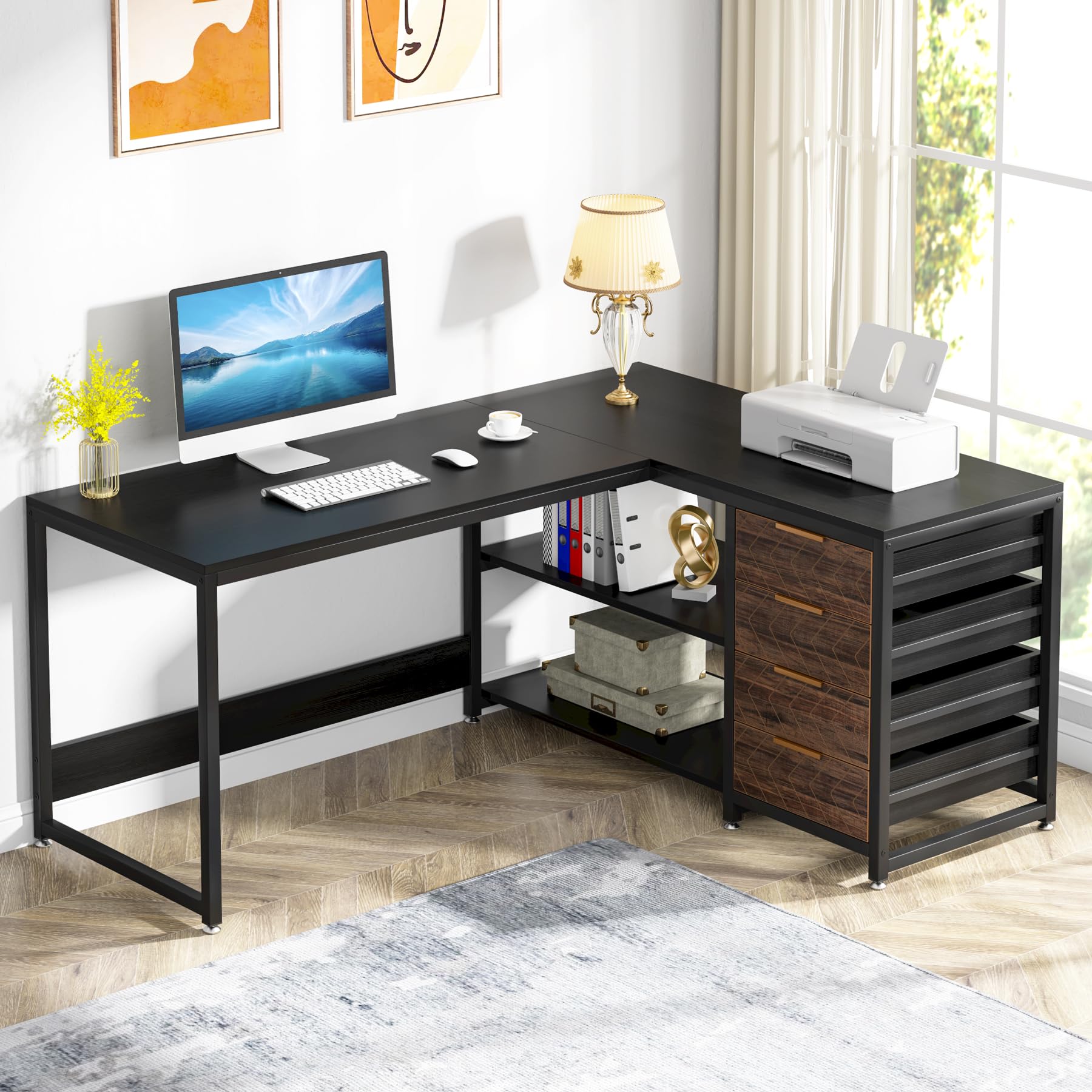 L Shaped Computer Desk with Storage Drawers, 59 inch Corner Desk with Shelves