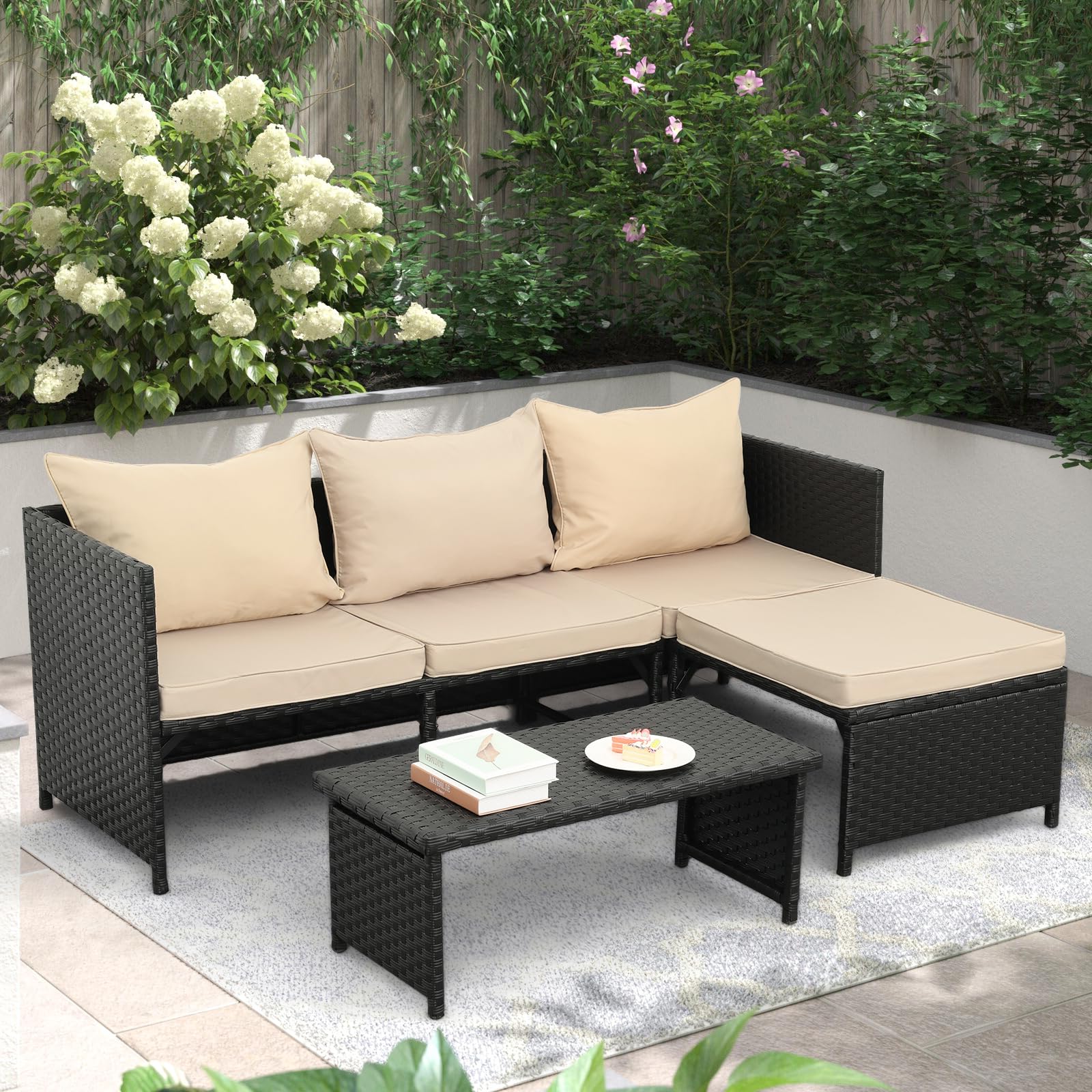 Valita 3-Piece Outdoor PE Rattan Furniture Set Patio Black Wicker Conversation Loveseat Sofa Sectional Couch Khaki Cushion