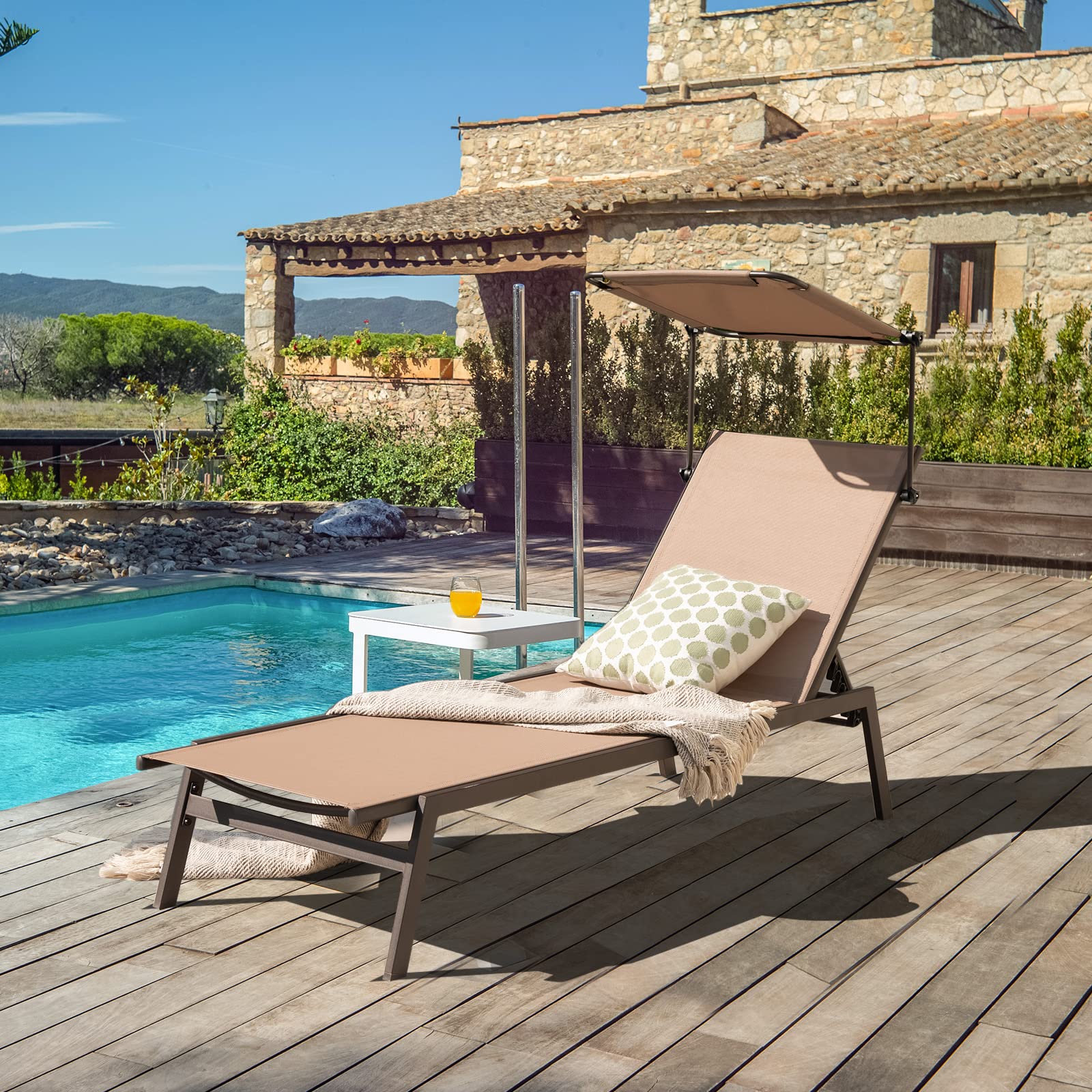 Outdoor Chaise Lounge Chair- Tanning Chair with Sunshade, 6 Adjustable Position