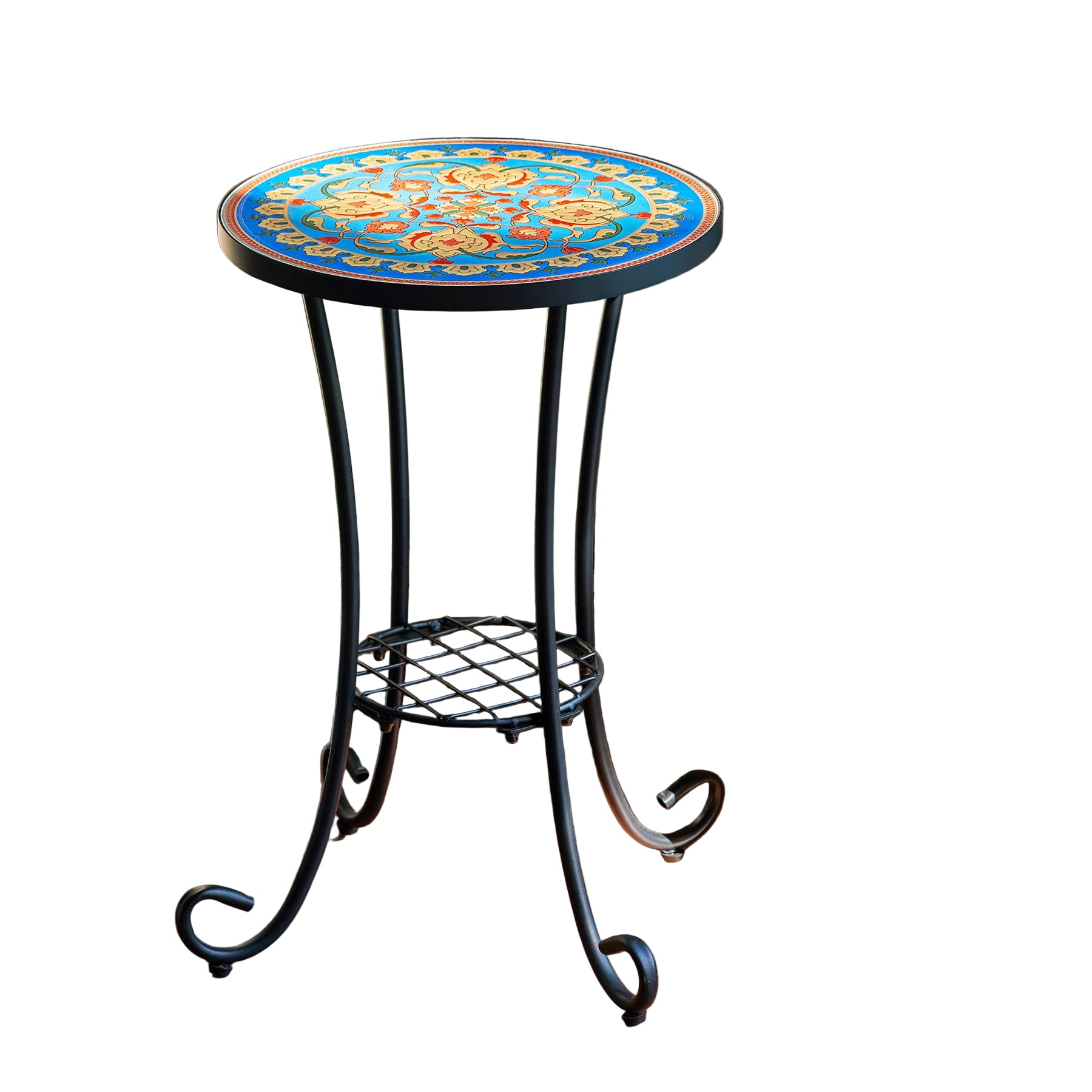 Side Table and Plant Stand, 21" End Table with 14" Ceramic Tile Top for Porch Garden Decor