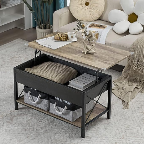 Lift Top Coffee Table with Two Free HQ Cloth Bins Storage, Farmhouse Grey Black, Small