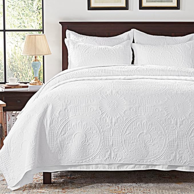 Quilt King Size Bedding Set-Olive Green Embossed, Bedspreads-Lightweight Summer Soft