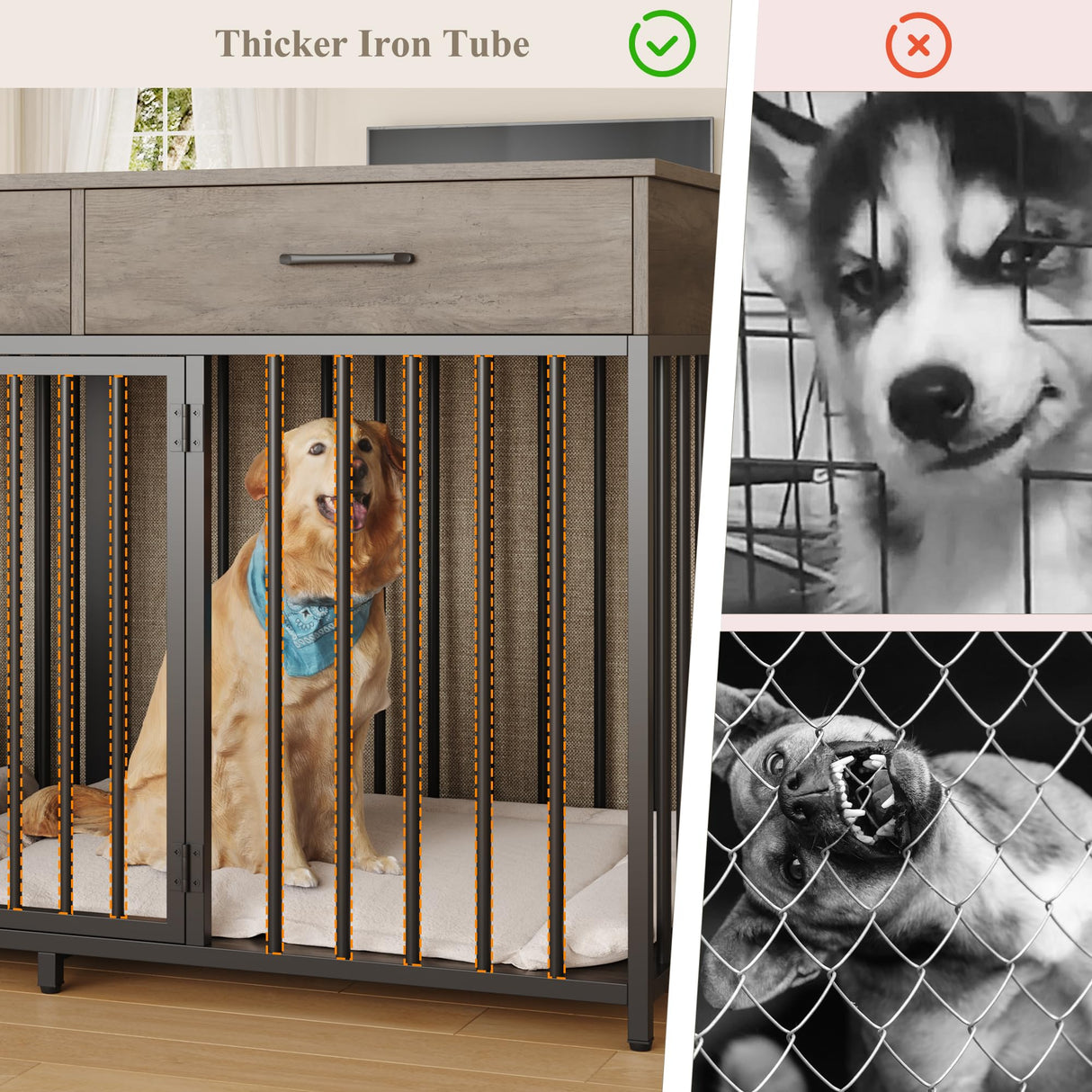 Double Dog Crate Furniture 71" Wide with 3 Drawers - Heavy Duty Wooden Kennel for 2 Large Dogs