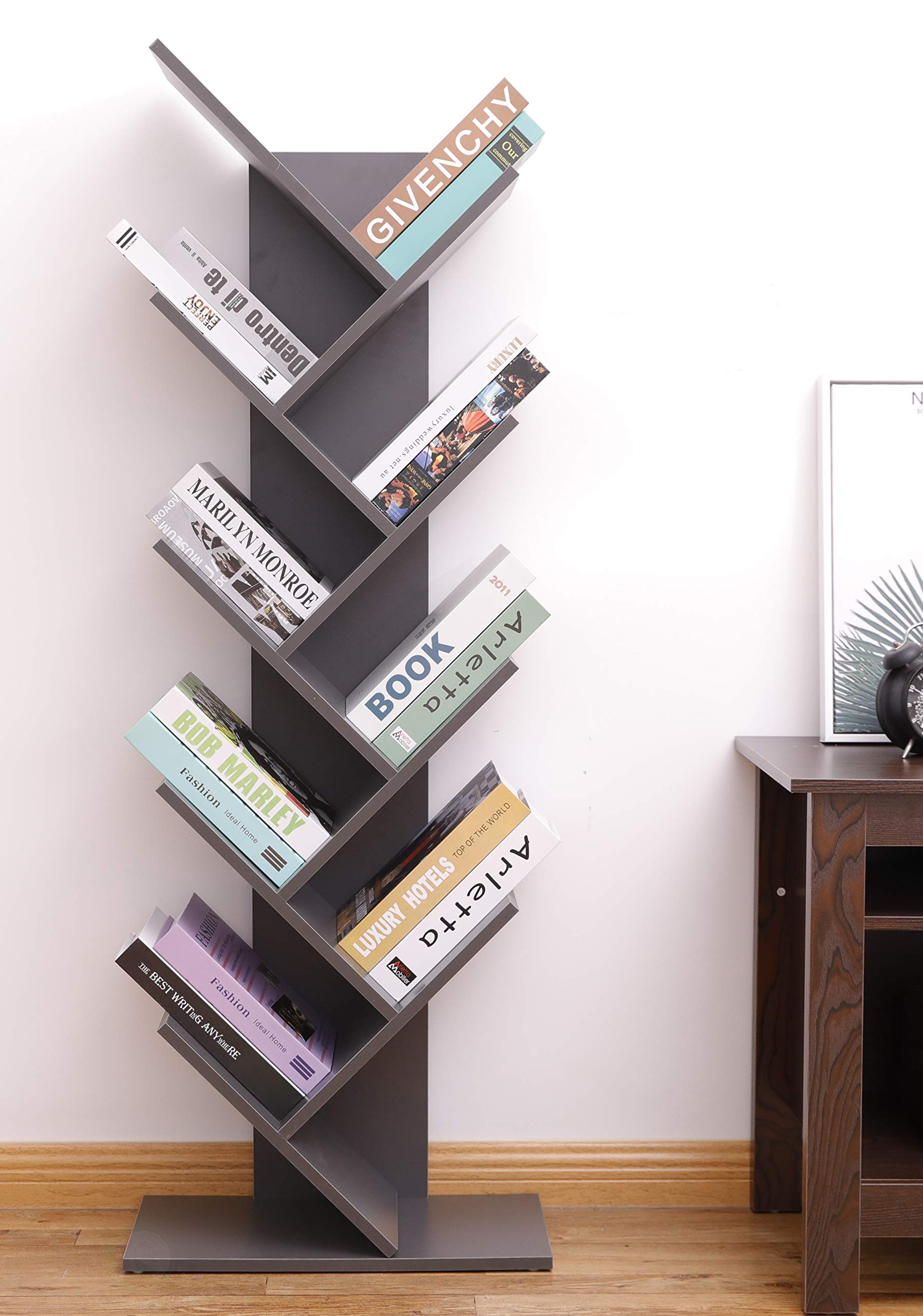 Basicwise Wooden 9-Shelf Tree Magazine CD Storage Bookcase, Gray