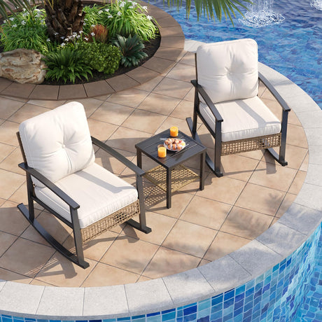 3-Piece Outdoor Rocking Bistro Set, Patio Furniture Set with Coffee Table and Thick