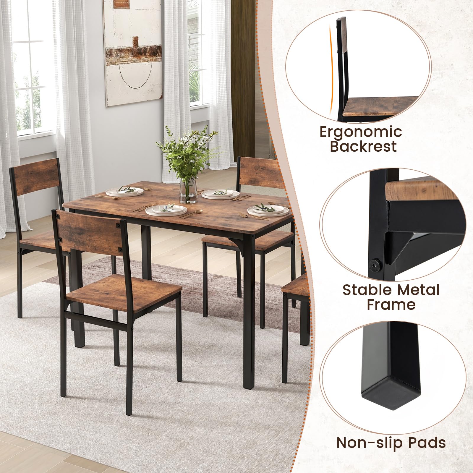 5-Piece Industrial Dining Set - Rustic Brown