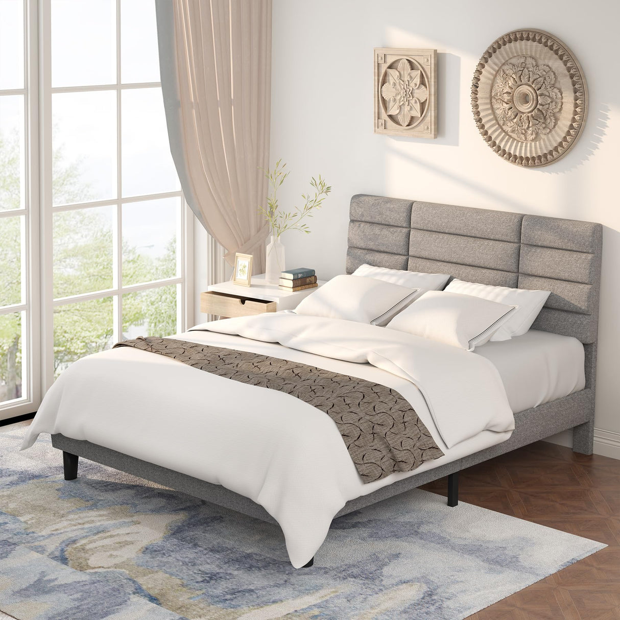 Bed Frame Queen Size Upholstered Platform Beds with Headboard Linen Fabric Wood