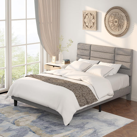 Bed Frame Queen Size Upholstered Platform Beds with Headboard Linen Fabric Wood