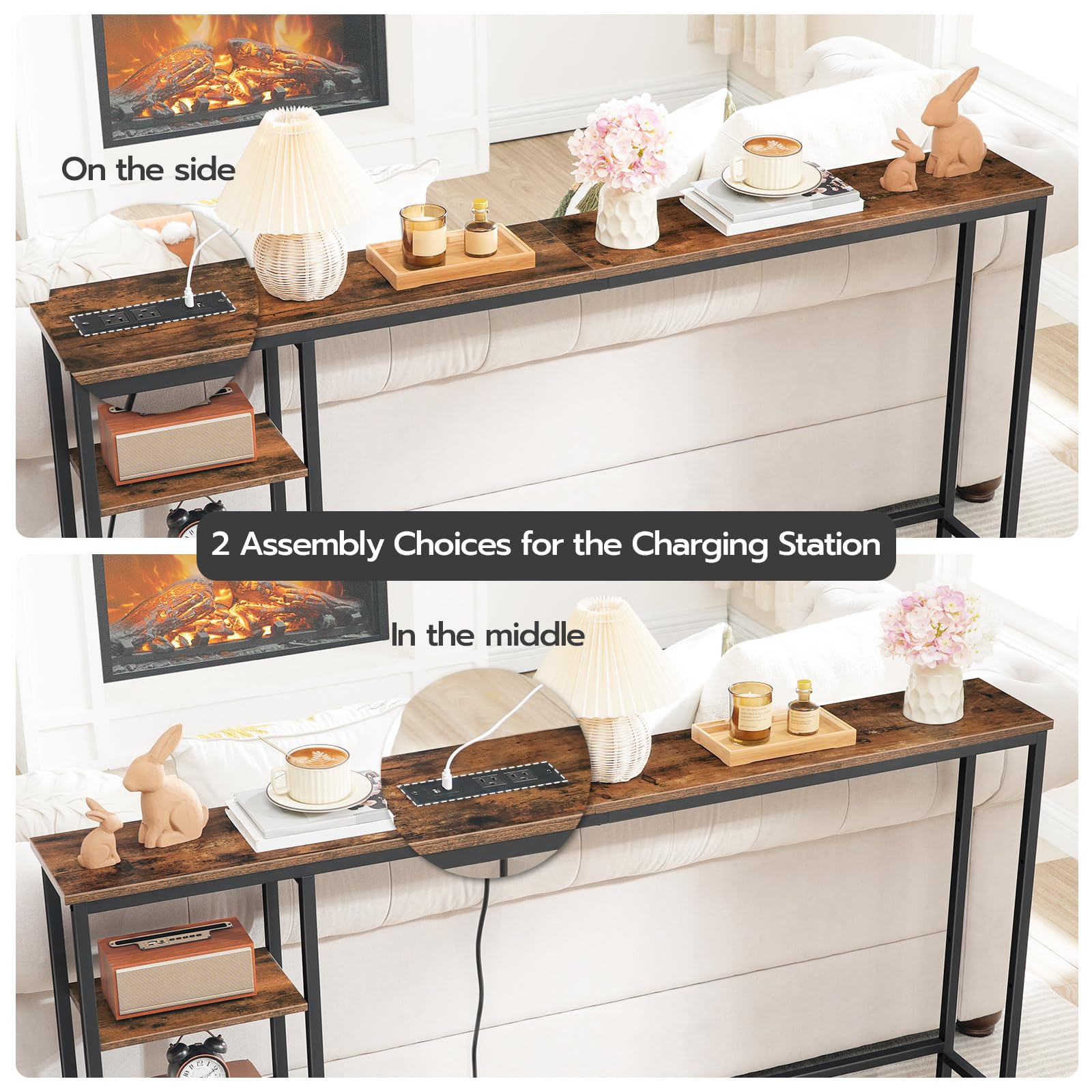 63" Console Table with Power Outlet and Storage Shelves