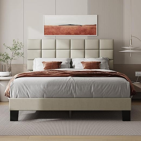 Queen Bed Frame with Headboard Linen Upholstered Bed Frame with Wood Slats Support,