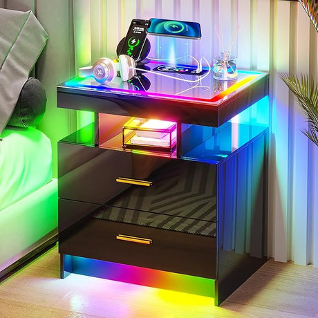 LED Nightstand with Charging Station (USB,Type-C Ports) High Gloss Bedside Table with 2