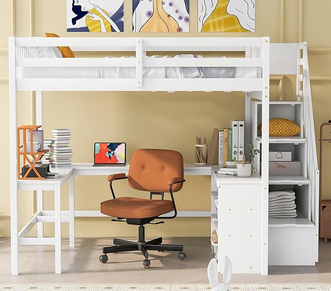 Wood Full Size Loft Bed Frame with Built-in L Shaped Desk & 3 Storage Shelves & Attached Storage Stairs for Kids