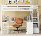 Wood Full Size Loft Bed Frame with Built-in L Shaped Desk & 3 Storage Shelves & Attached Storage Stairs for Kids