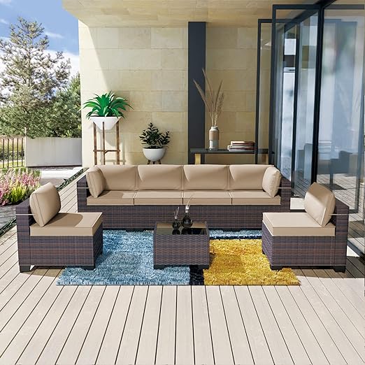 Patio Furniture 7 Pieces Outdoor Sectional PE Rattan Sofa Set Brown Manual Wicker