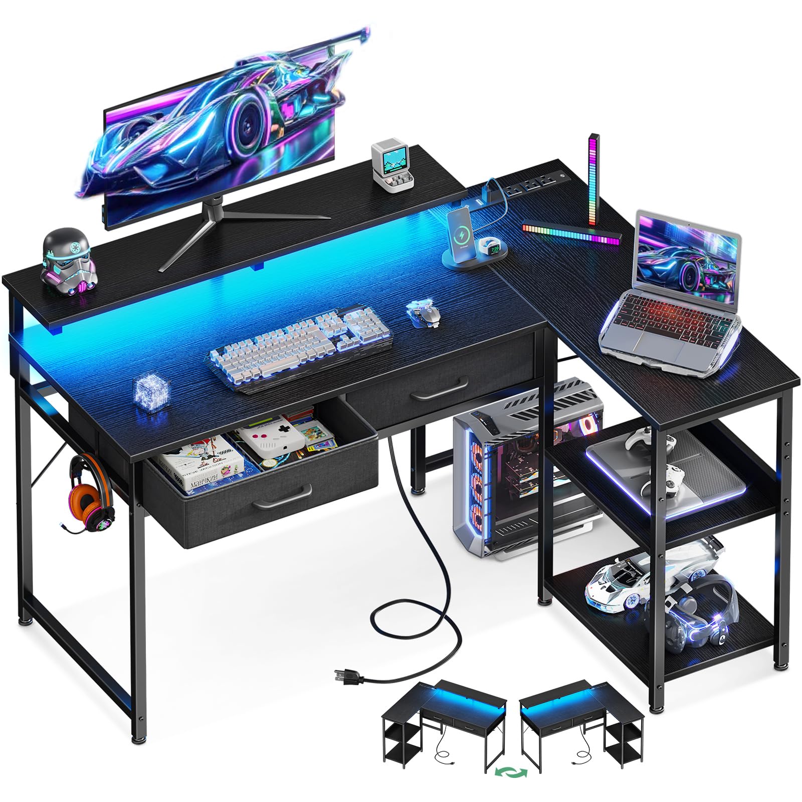 40 Inch L Shaped Gaming Desk with 2 Drawers & Storage Shelves, Computer Desk