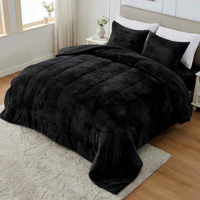 Faux Fur Comforter Set Queen Size with Fitted Sheet, Luxury Ultra Soft Fuzzy Comforter