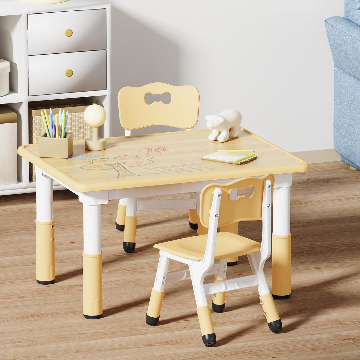 Kids Table and 2 Chairs Set, Height Adjustable Toddler Table and Chair Set, Graffiti Desktop