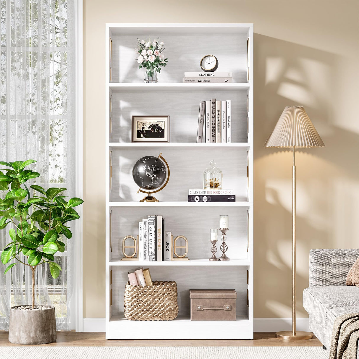 70.87-Inch Tall White Bookshelf, 5-Tier Wood Bookcase with Open Display Shelves